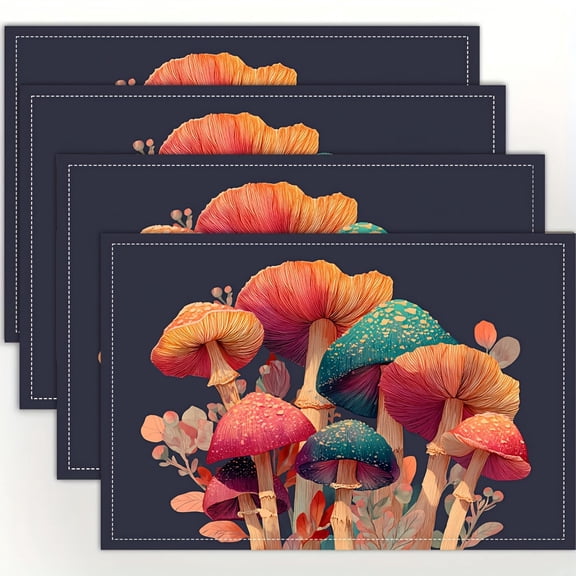 4pcs, Whimsical Forest Mushrooms Botanical Art Eco Fungi Illustration Placemats, Fashion Print Pattern Table Mat, for Dining Table, Kitchen, Party, Indoor, Holiday, Dinner Parties and Home Decor
