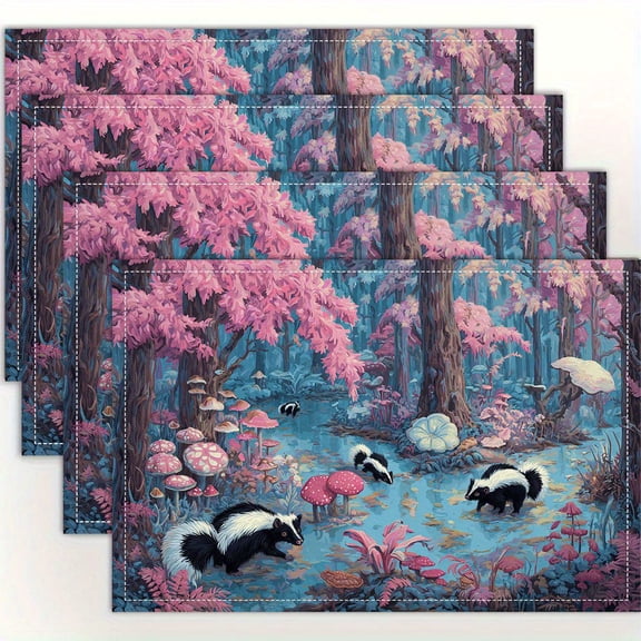 4pcs  Whimsical Skunk Forest Placemats - Enchanting  &  Forest Design with Mushrooms, Umbrellas & Skunks, Table Mats for Dining, Kitchen, Party & Home Decor, Party Table Mats