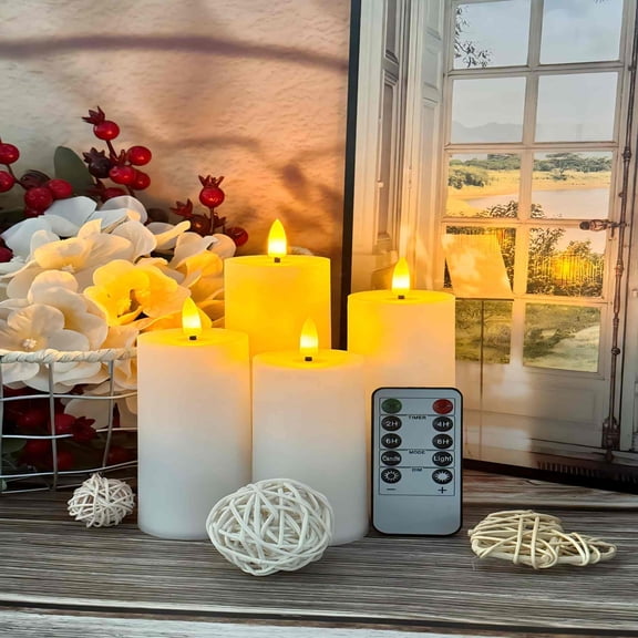 Goyuon 4pcs White Flameless Pillar Candles, Battery Operated LED Candles with Remote Control, Flat Top Flickering Candles for Home, Wedding, Party Festival Decor