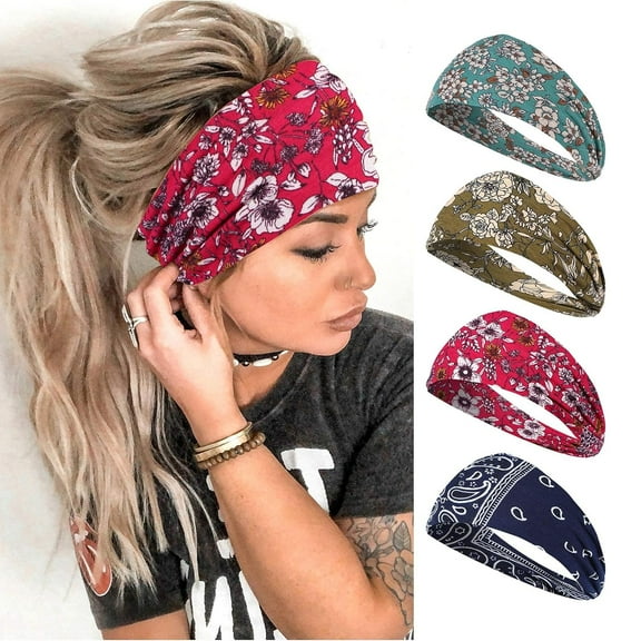 4pcs Wide Headbands for Women, Boho Bandeau Head Bands, Workout Head Wraps, Stretch No Slip Hair Wraps