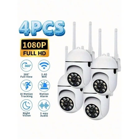 4pcs Wifi Security Camera, 1080P Wireless Outdoor Home Surveillance, With 360 °   Panoramic View, Smart PIR Motion Detection, AI Motion Tracking, Color Night Vision, Two-Way Audio, PTZ Control,