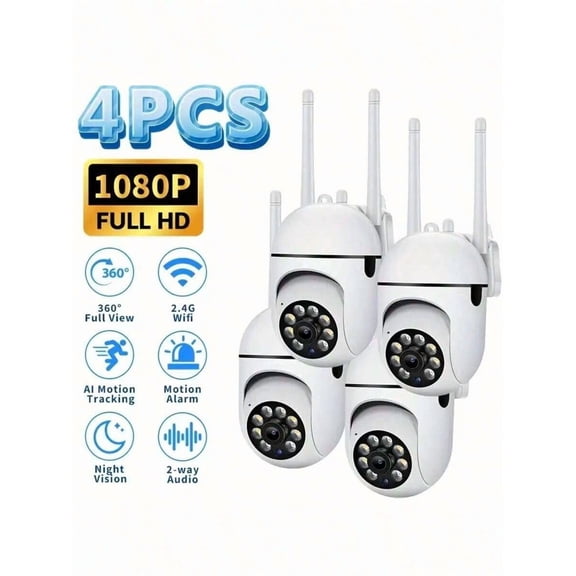 4pcs Wifi Security Camera, 1080P Wireless Outdoor Home Surveillance, With 360 °   Panoramic View, Smart PIR Motion Detection, AI Motion Tracking, Color Night Vision, Two-Way Audio, PTZ Control,