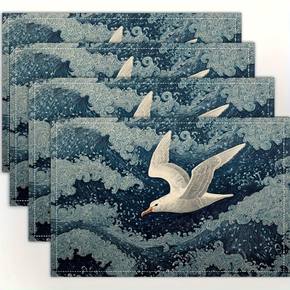 4pcs, William Morris Albatross Over Ocean Waves placemats, fashion print pattern table mat, for dining table, kitchen, party, indoor, holiday, dinner parties and home decor (table mats) 12x18