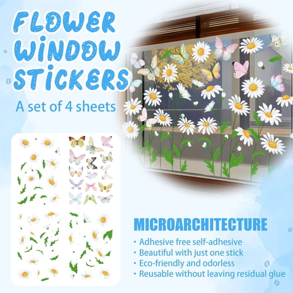 4pcs Window Clings for Glass Windows Double-Sided Static Window Stickers with Daisy Butterfly Grass Design Anti-Collision Spring Summer Home Decor for Living Room Kitchen Bedroom Rental Apartments,A