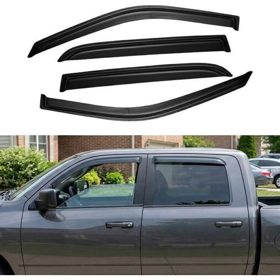 4pcs Window Visor Rain Guards Compatible with 2009-2018 Ram 1500 2500 3500 Crew/Mega Cab Smoke Tape-On Outside Mount Window Vent Deflectors
