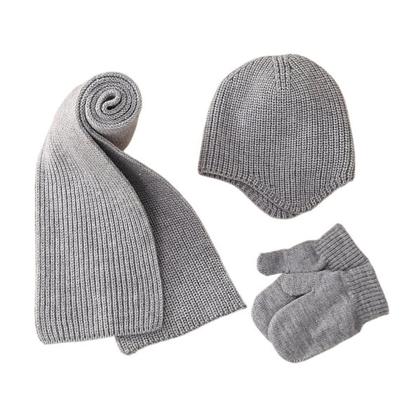4pcs Winter Kids Knitting Cute Solid Color Childrens Keep Warm Leather Label Hat Scarf Glove Set