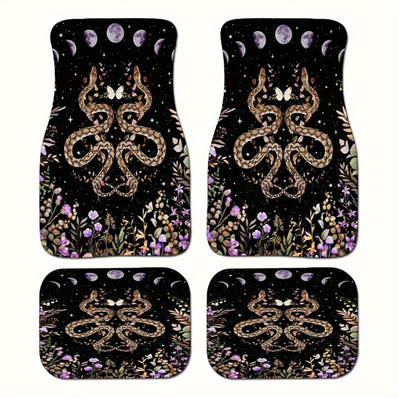 4pcs Witchcraft Snake And Moon Phases Pattern Print Car Floor Mats Set - Front & Rear Full Coverage Auto Interior Accessories, Crystal Velvet Vehicles Floor Mats Suitable for Sedans, Vans, Suvs