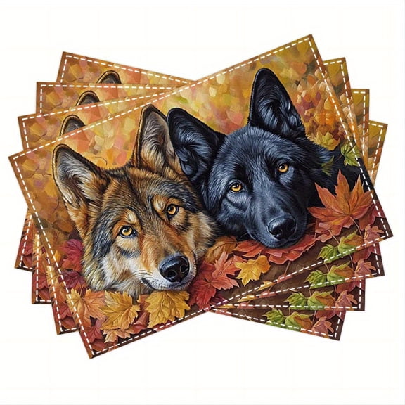 4pcs Wolf Diamond Art Linen Placemats, 12x18 Inch Square Hand Washable Table Mats for Dining, Kitchen, Party, Home Decor - Fashion Print Pattern