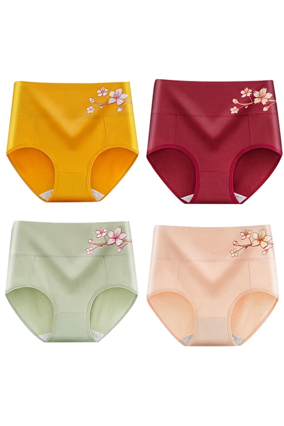 4pcs Women Briefs,High Waist Panties,Abdomen Panties,Floral Printed Briefs,Elastic Loose Panties,Female Breathable Underpanties,Menstrual Period Underwear