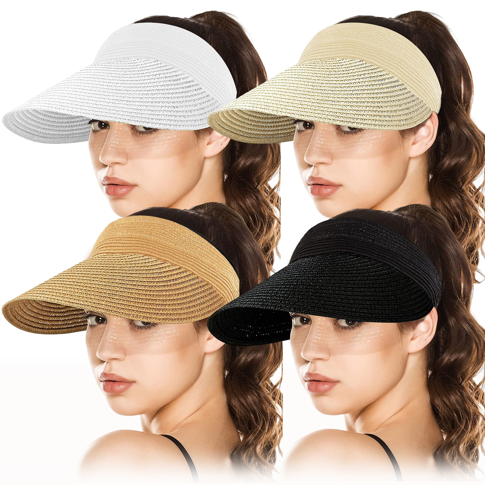 4pcs Women Roll Up Straw Sun Visor Hat, Wide Brim Foldable  display picture 2