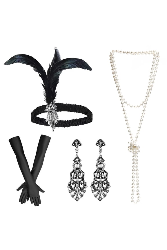 4pcs Women's 1920s Flapper Set with Headband Beaded Necklaces Earrings Gloves for Vintage Wedding Party Accessories
