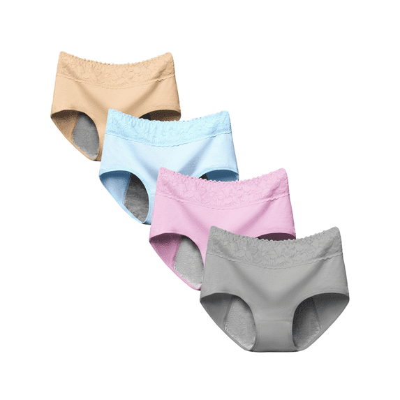 4pcs Womens Period Panties, Medium Waist, Postpartum, Women'S Menstrual Underwear Briefs- Bikinis with Full-Coverage Anti-Leak Protection