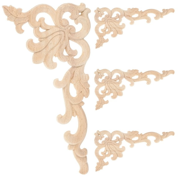 4pcs Wood Appliques Decorative Wood Trim Carvings Overlays Wood Carved Onlays Appliques