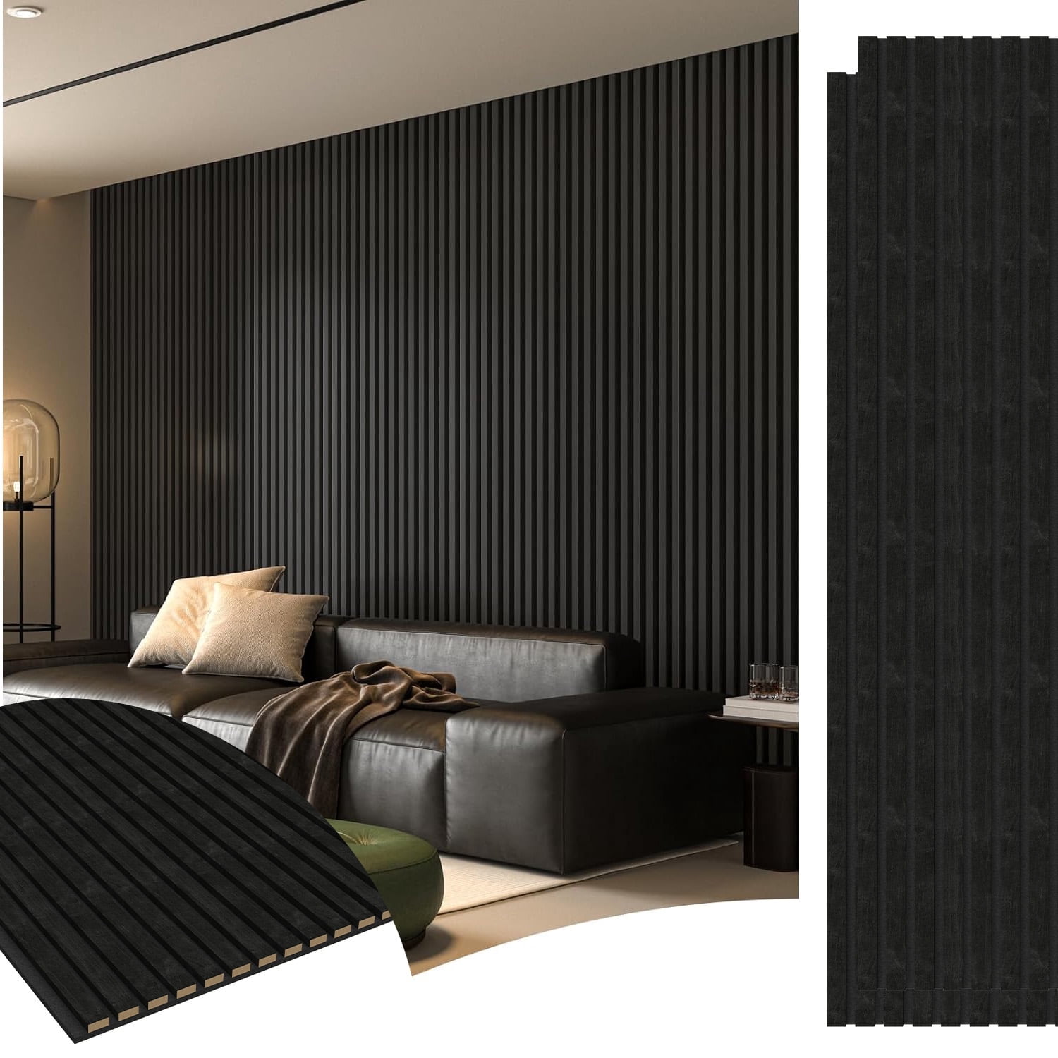4pcs Wood Slat Acoustic Panels, 47.24" x 11.02"  inch, MDF Accent Wooden Wall Panels for Modern Interior Wall Decor, Faux Wood Wall Board Panels for Noise Reduction, Black
