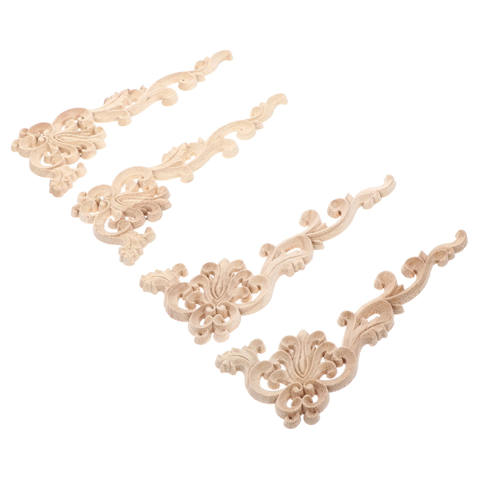 Raindrops 4Pcs Unpainted Wood Carving Applique Khaki Wood Decal for Home Furniture Decoration