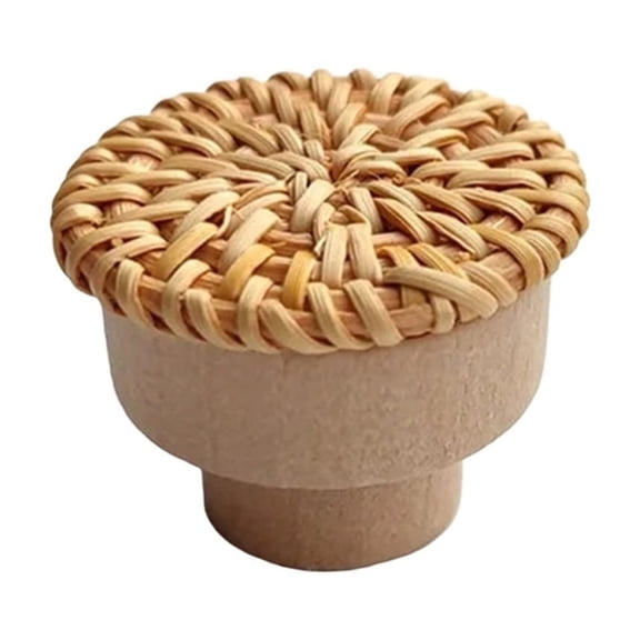 4pcs Wooden Round Door Handle Rattan Drawers Wardrobe Kitchen Cabinets Knobs Handmade Wicker Woven