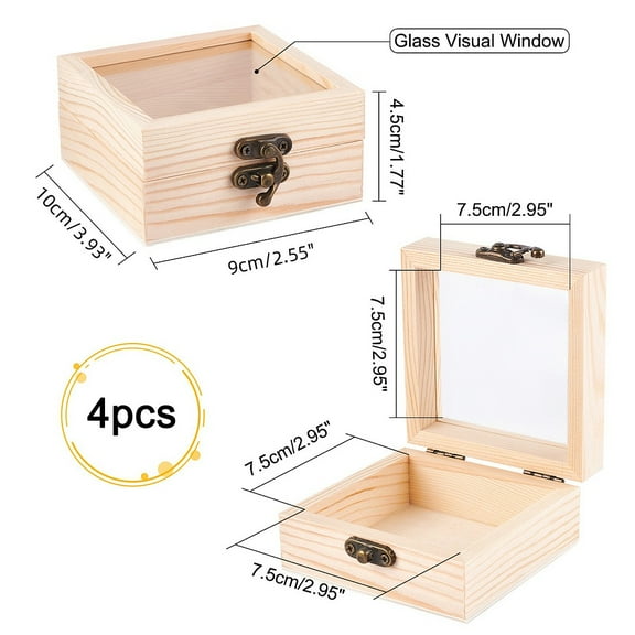 4pcs Wooden box Flip Cover box with Iron Lock Clasps & Glass Visual Window Rectangle BurlyWood 4x3-1/2x1-3/4 inch(10x9x4.5cm)