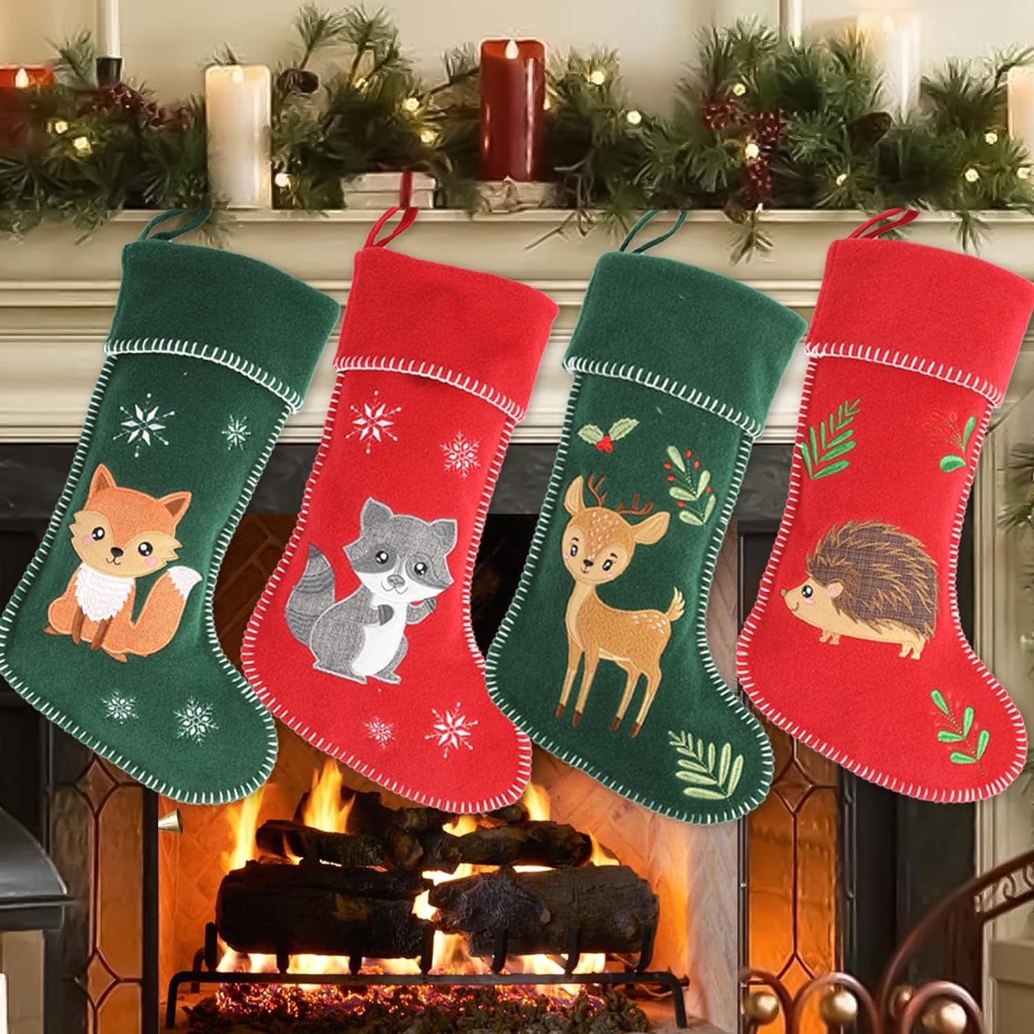 4pcs Woodland Animal Christmas Stockings, 18 Inches Woodland Animal Fox Hedgehog Elk Raccoon Christmas Stocking Felt Xmas Holiday Stocking for Fireplace Christmas Holiday Party Decor Gift