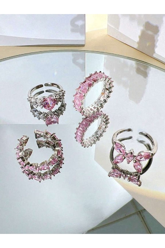 4pcs Y2K Style Pink Crystal Rings Set, Heart & Bow Knot Adjustable Rings for Women