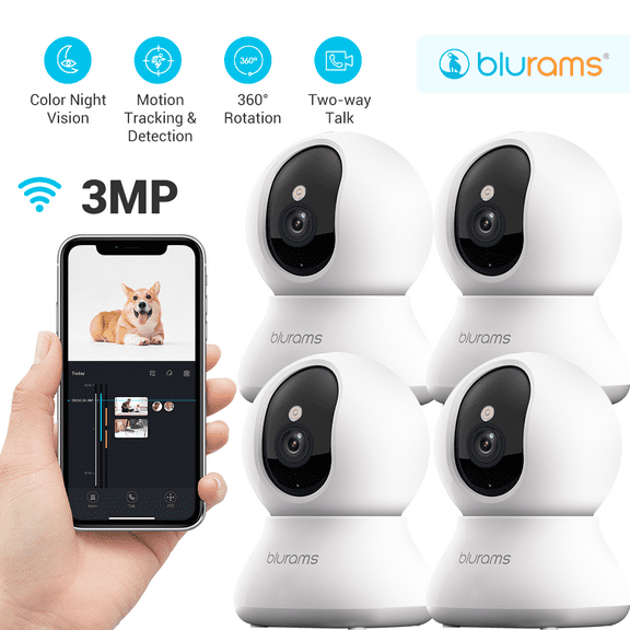 4pcs blurams Pet Camera 2K, 360° Indoor Security Camera, Dog Camera with Phone App, PTZ Cameras for Home Security Indoor, 2-Way Audio, Motion Tracking, Color/IR Night Vision, Siren, Cloud&SD