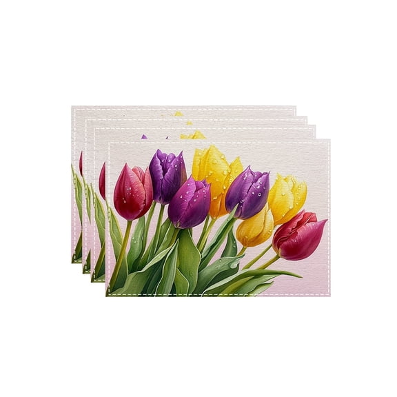 4pcs, a bouquet of colorful tulip blossoms lies there printed placemat, suitable for home decoration, birthday gifts, holiday gifts, kitchen and party party decoration, can be given as a gift