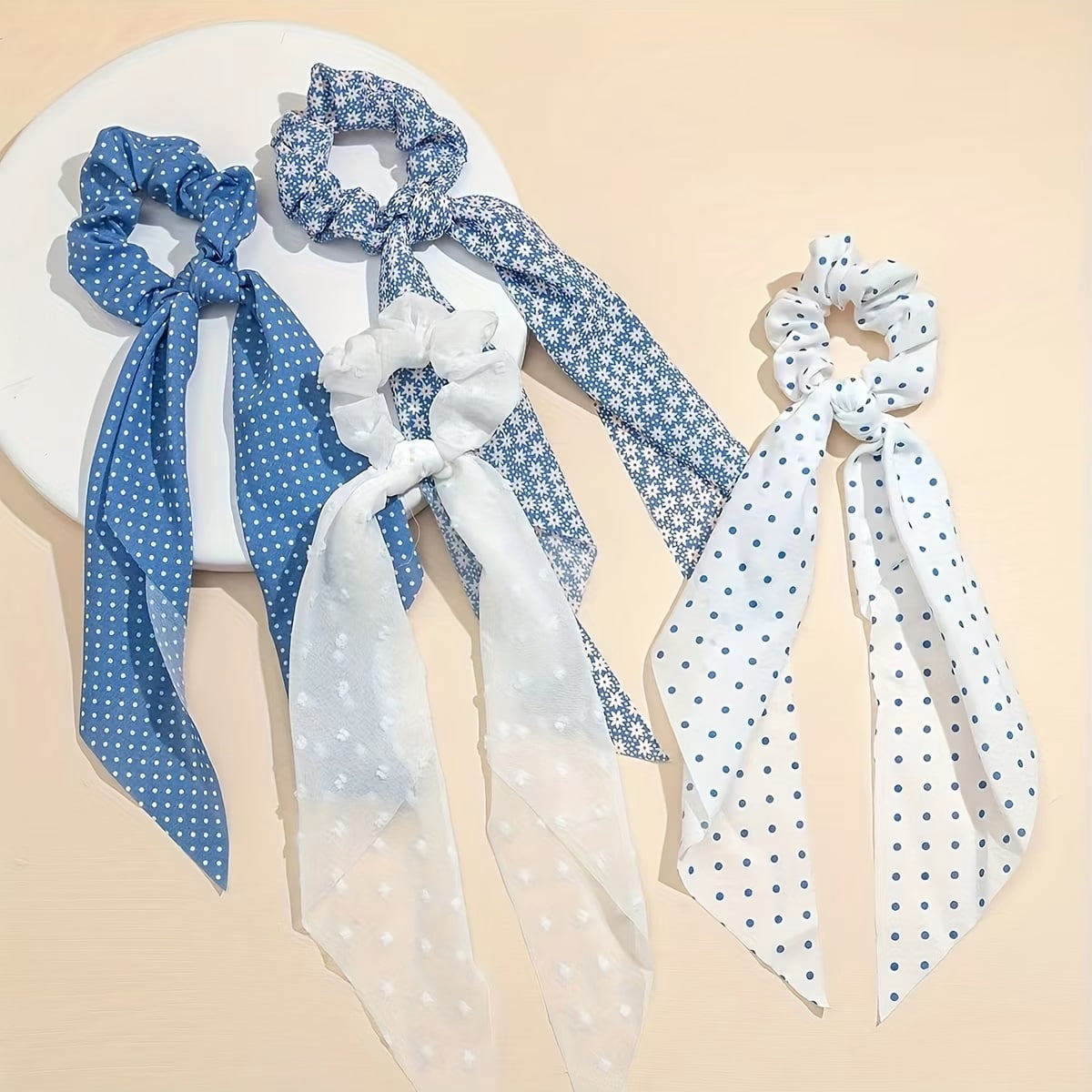 4pcs fashionable blue and white silk large intestine ribbon for daily ...