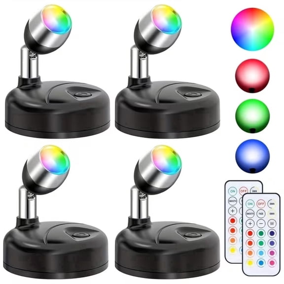 4pcs mini rechargeable spotlights with 2 remote controls for indoor plant display wireless LED spotlights, rotatable dimming, multiple color changes, used as picture lights for mural display (black)