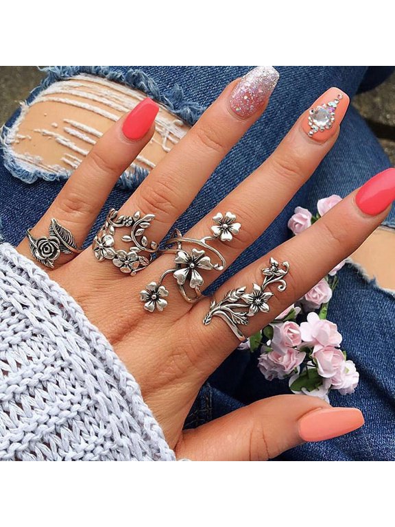 4pcs/set Antique Silver Color Vintage Bohemia Ring Set Rose Flower Rings