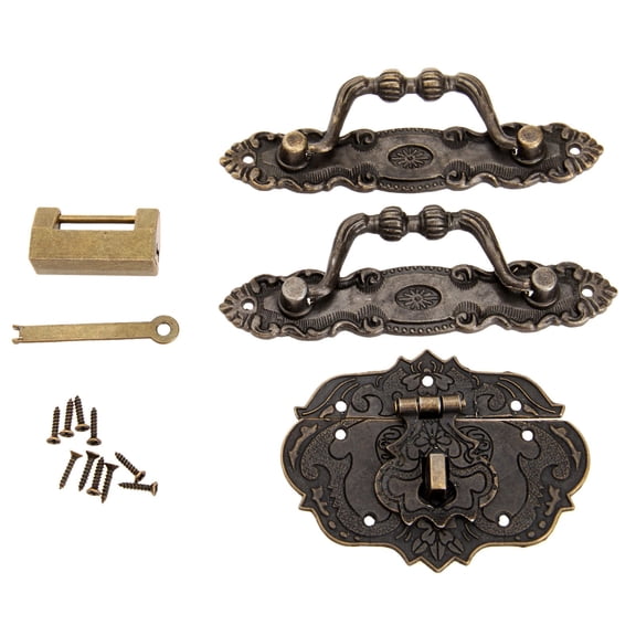 4pcs/set Chinese old Lock+Vintage Handle Knob+Latch Hasp Lock Clasp Antique Brass Bronze Decor Box Cabinet Furniture hardware