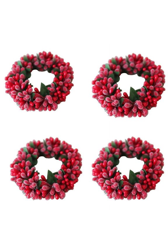4pcs/set Christmas Wreath Table Candle Rings Wreaths Decorative Small Garland Artificial Berry Rattan Wreath Winter Christmas Wedding