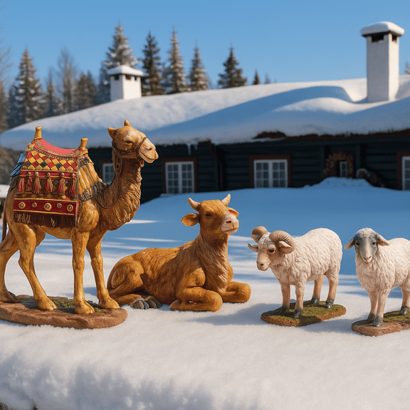 THREE KINGS GIFTS Outdoor Nativity Animal Set, 4 Piece Metal Camel, Cow, Ram, and Sheep Christmas Yard Dcor with Stakes, Wind Guard Bracing, Foldable Lawn Display