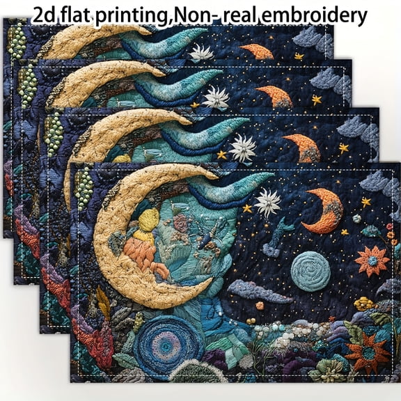 4pcs set,Rectangle Flax placemats,Space celestial body science fiction Theme table mat, for dining table, kitchen, party, indoor, holiday, dinner parties and home decor (table mats) 12x18 Inch