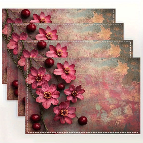 4pcs set Rectangle placemats,Cherry Charming Daisy Collection Table Mat, for Dining Table, Kitchen, Party, Indoor, Holiday, Dinner Parties And Home Decor 12X18 Inch