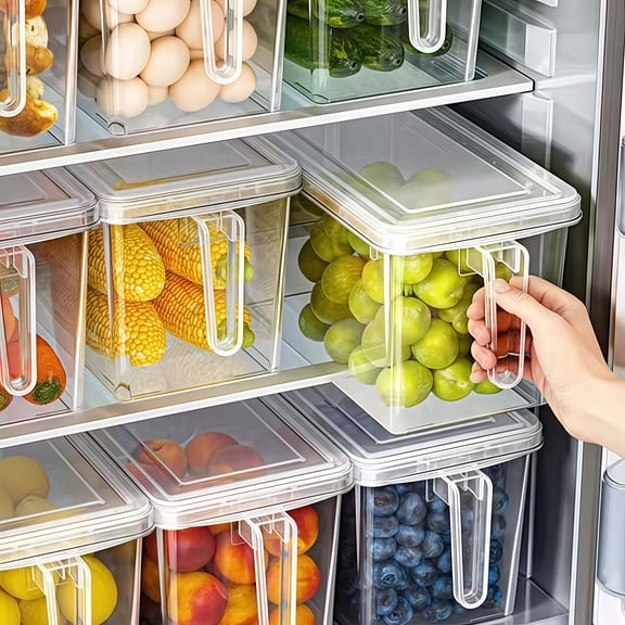 4pcs/set Refrigerator Storage Containers with Handles (2pcs Containers+2pcs Lids) - Durable Plastic Food Organizer Bins for Fruits,Vegetables, Grains,Meats & Drinks,Easy-to-move Design for Efficient