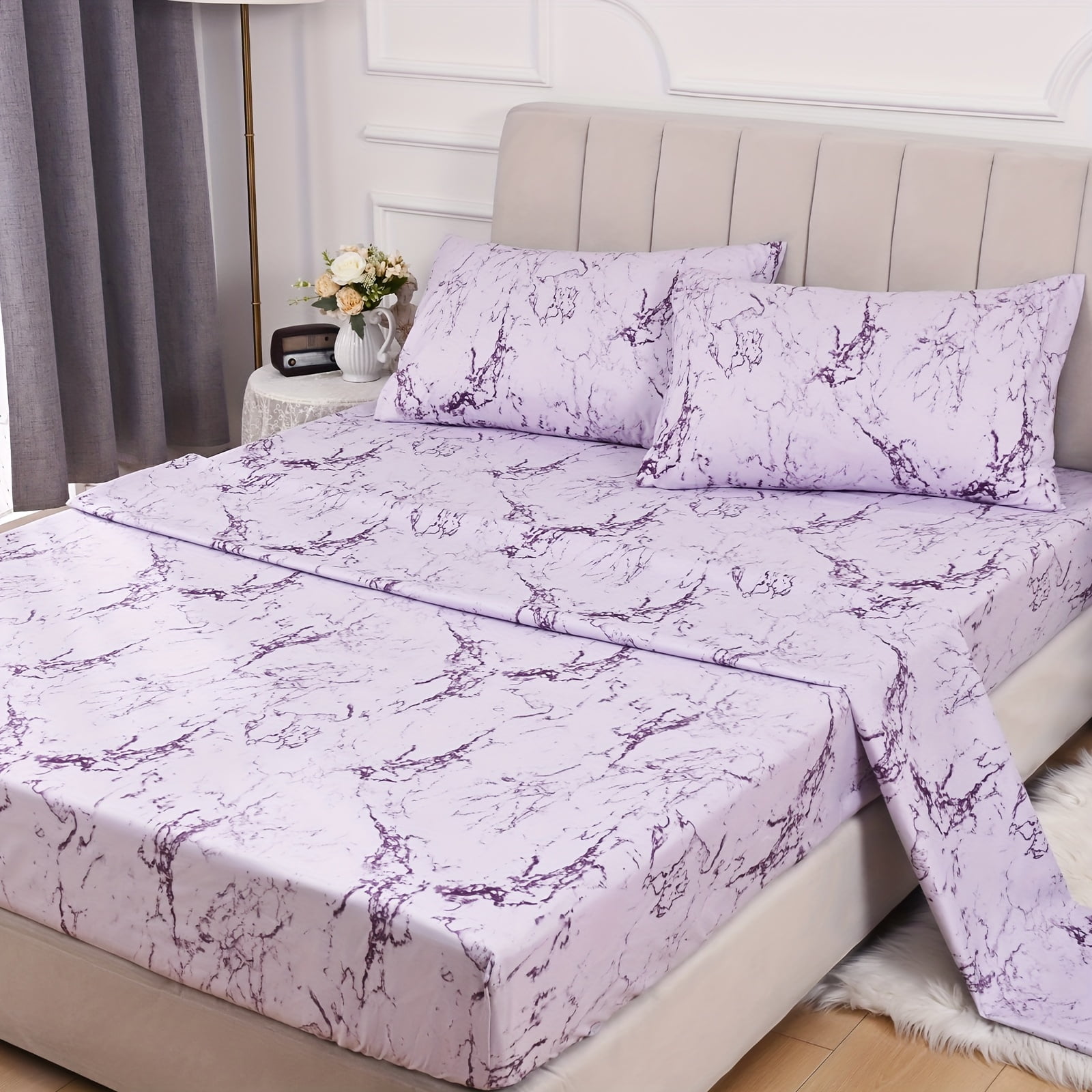 4pcs/set Soft Marble Brushed Fitted Sheet Set, 90g, 1 Flat Sheet + 1 ...