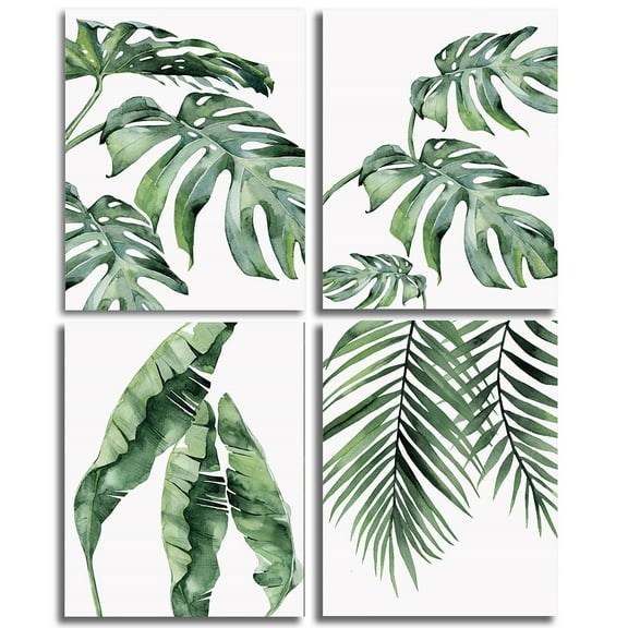 4pcs/set Watercolor Tropical Plant Eucalyptus Leaves Wall Art Canvas Painting Green Plant Nordic Style Posters and Prints ,Ideal Gift for Bedroom Corridor, Room Decoration Unframed