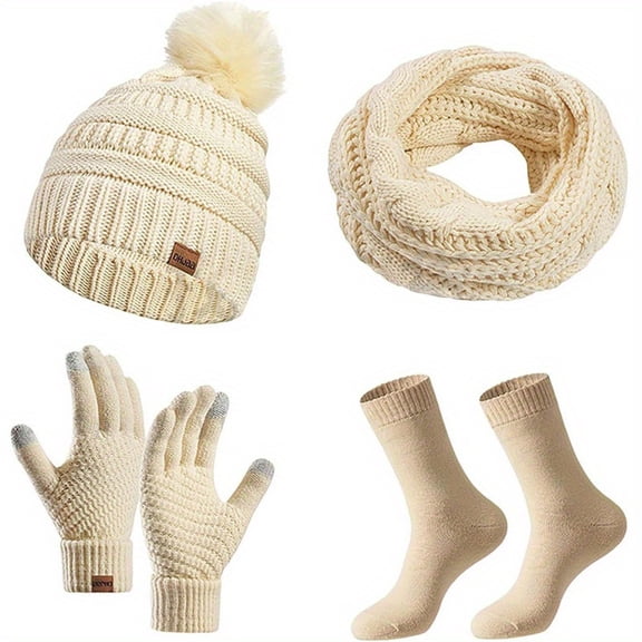 4pcs/ set Womens Thick Hat Scarf and Touchscreen Gloves Socks Set Women's Winter Cold Set Winter Gift