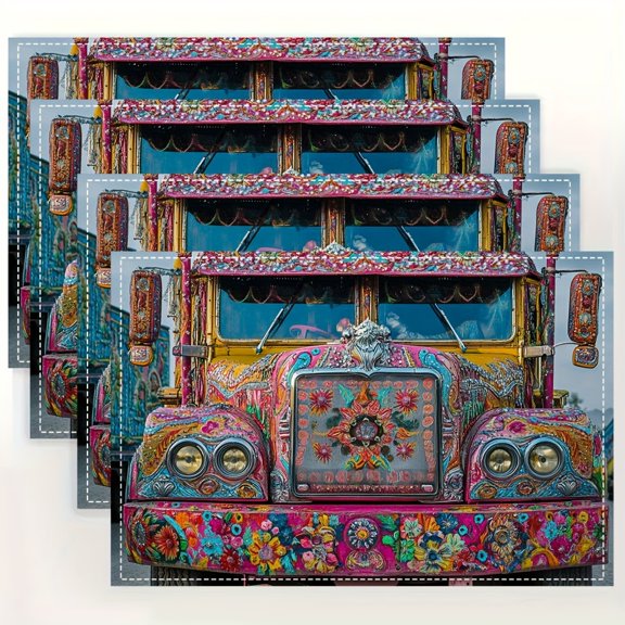 4pcs sets, Close-up frontal shot of vibrant Pakistani Truck Art truck, Minimalist Placemats Simple Design, Washable & Heat-Resistant, Non-Slip Table Mats for Dining Room, 12 x 18 Inch