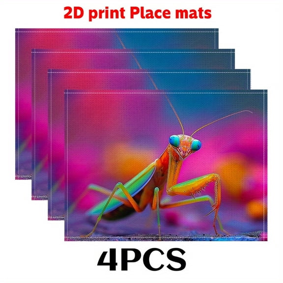 4pcs spring, Table mats (2D print)Colorful praying mantis. 12X18in-Chic Table Protector for Quaint DINING DECORATION, Vintage Kitchens, Festive Dining Setup, Decorative Placemats, Chic Tableware