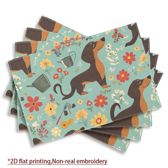 4pcs whimsical dachshund themed pattern with stylized cartoon dogs Placemats,for Dining Table, Kitchen, Party, Indoor, Holiday, Dinner Parties And Home Decor (Table Mats) 12X18 Inch