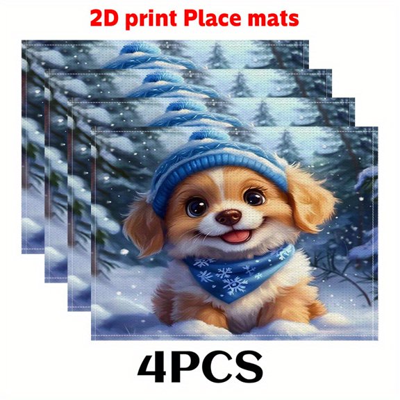 4pcs winter Placemats (2D print)Snow dog 12X18in-Pretty Table Accent for Cozy DINING DECORATION, Winter Themes, Festive Dining Setup, Winter Print, Hand Wash Only, Smooth Texture