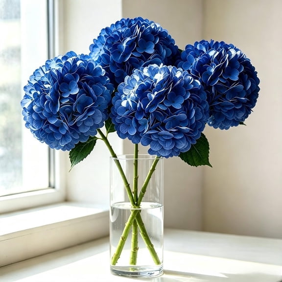 4pcsLarge Dark Blue (196 Petals) PREMIUM HYDRANGEA ARTIFICIAL FLOWER WITH MOISTURE TOUCH, Lifelike Faux Bloom for Wedding Decor Home Living Room Table Centerpiece