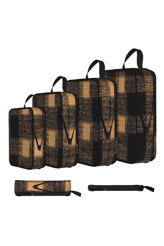4piece Compression Bag Water Proof Soft Light Resistance To Tear And Extensible For Outdoor Camping During Family Vacation Trips Argyle Plaid Brown_17043_1