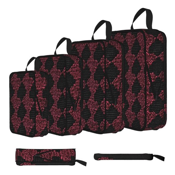 4piece Compression Bag Water Proof Soft Light Resistance To Tear And Extensible For Outdoor Camping During Family Vacation Trips Crimson Modern Houndstooth Texture_4