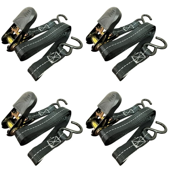 Everest 4pk 1"x 15' Reflective Black Ratchet Tie Down Straps S-Hook 500LBS WLL with Bag
