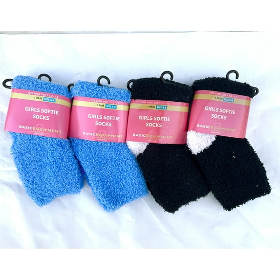 4pk Basic Equipment Girl's Softie Furry Socks (size 6-8) color Black And Blue