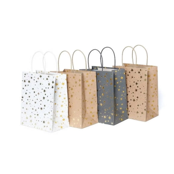 4pk Foil Print Stars Gift Bags White/Natural/Gray - Spritz: Small Paper Gift Bags for All Occasions