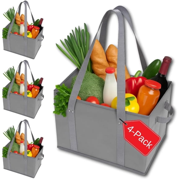 4pk Grocery Bags Shopping Bags Tote Box Large Heavy Duty Groceries Bag Handles Foldable Reinforced Bottom (Gray)
