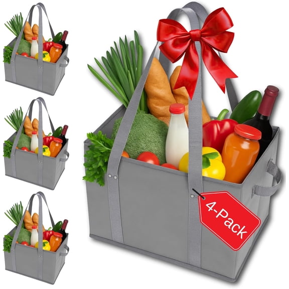 4pk Grocery Bags Shopping Bags Tote Box Large Heavy Duty Groceries Bag Handles Foldable Reinforced Bottom (Gray)