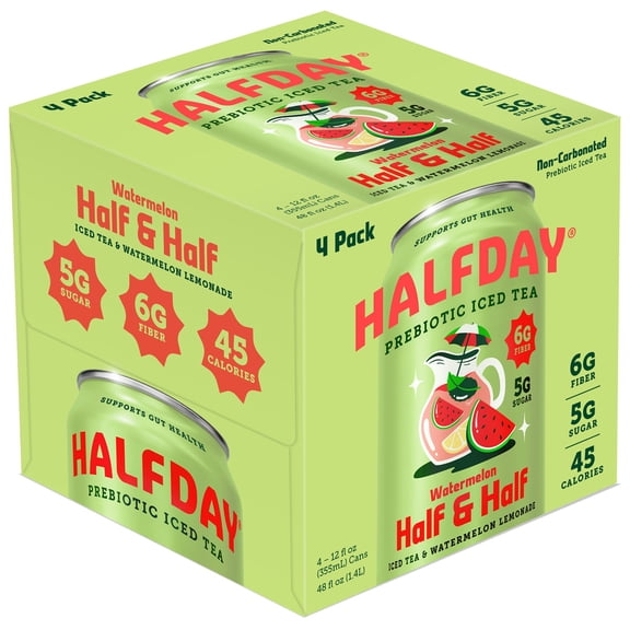 Halfday Prebiotic Watermelon Half & Half Iced Tea Drink, 6g Fiber, 12 oz, 4 Pack